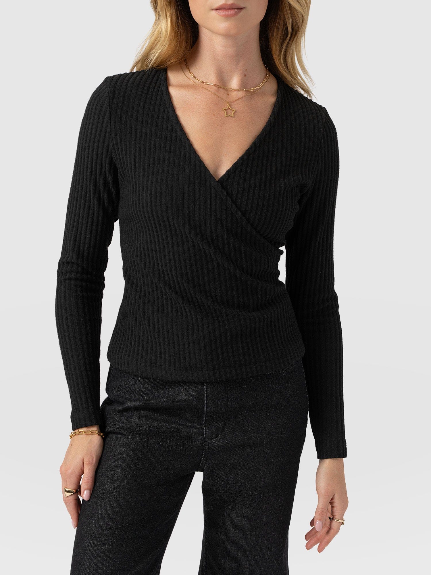 Rosa Wrap Tee Long Sleeve - Black Rib - Women's T-shirts | Saint + Sofia® UK