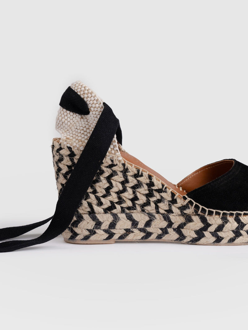Rowe Espadrille Tie Wedges - Black Suede - Women's Shoes | Saint + Sofia® UK