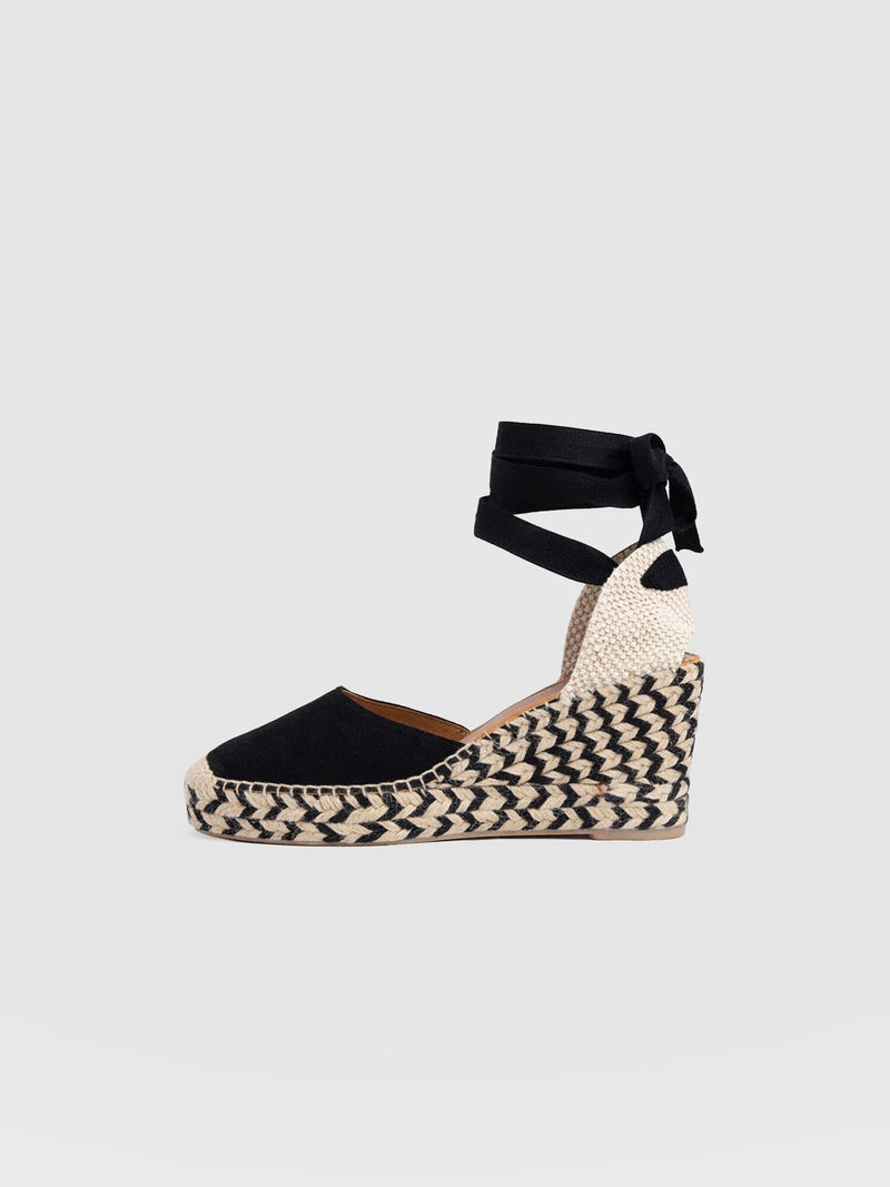Rowe Espadrille Tie Wedges - Black Suede - Women's Shoes | Saint + Sofia® UK