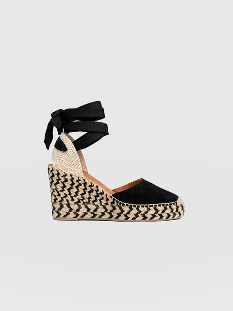 Rowe Espadrille Tie Wedges - Black Suede - Women's Shoes | Saint and Sofia® UK