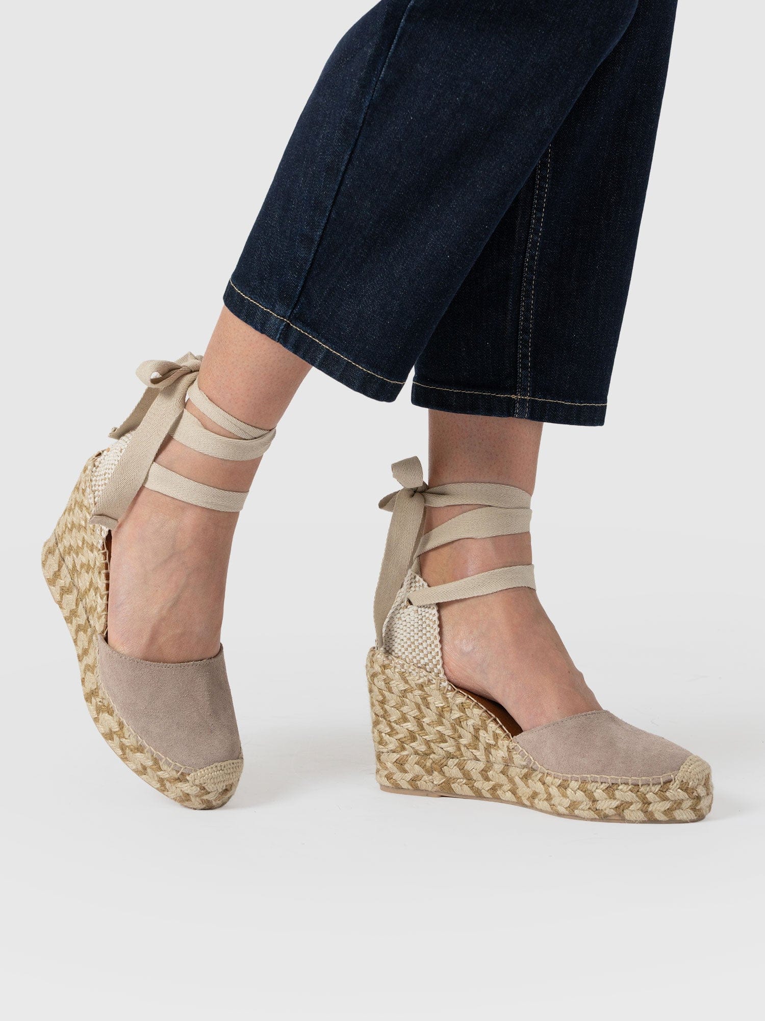 Rowe Espadrille Tie Wedges - Sand Suede - Women's Shoes | Saint and Sofia® UK