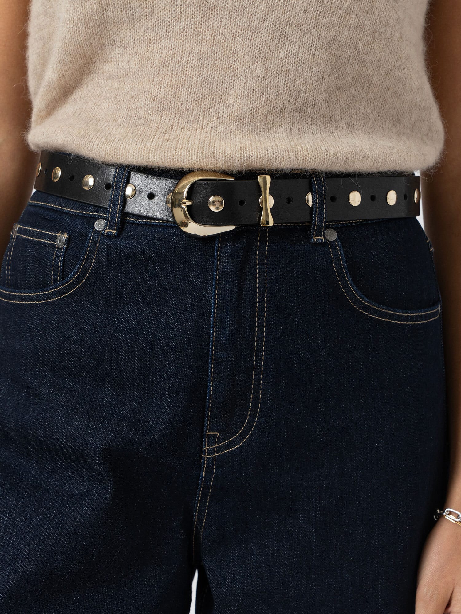 Roxie Studded Belt - Black/Gold - Women's Accessories | Saint and Sofia® UK