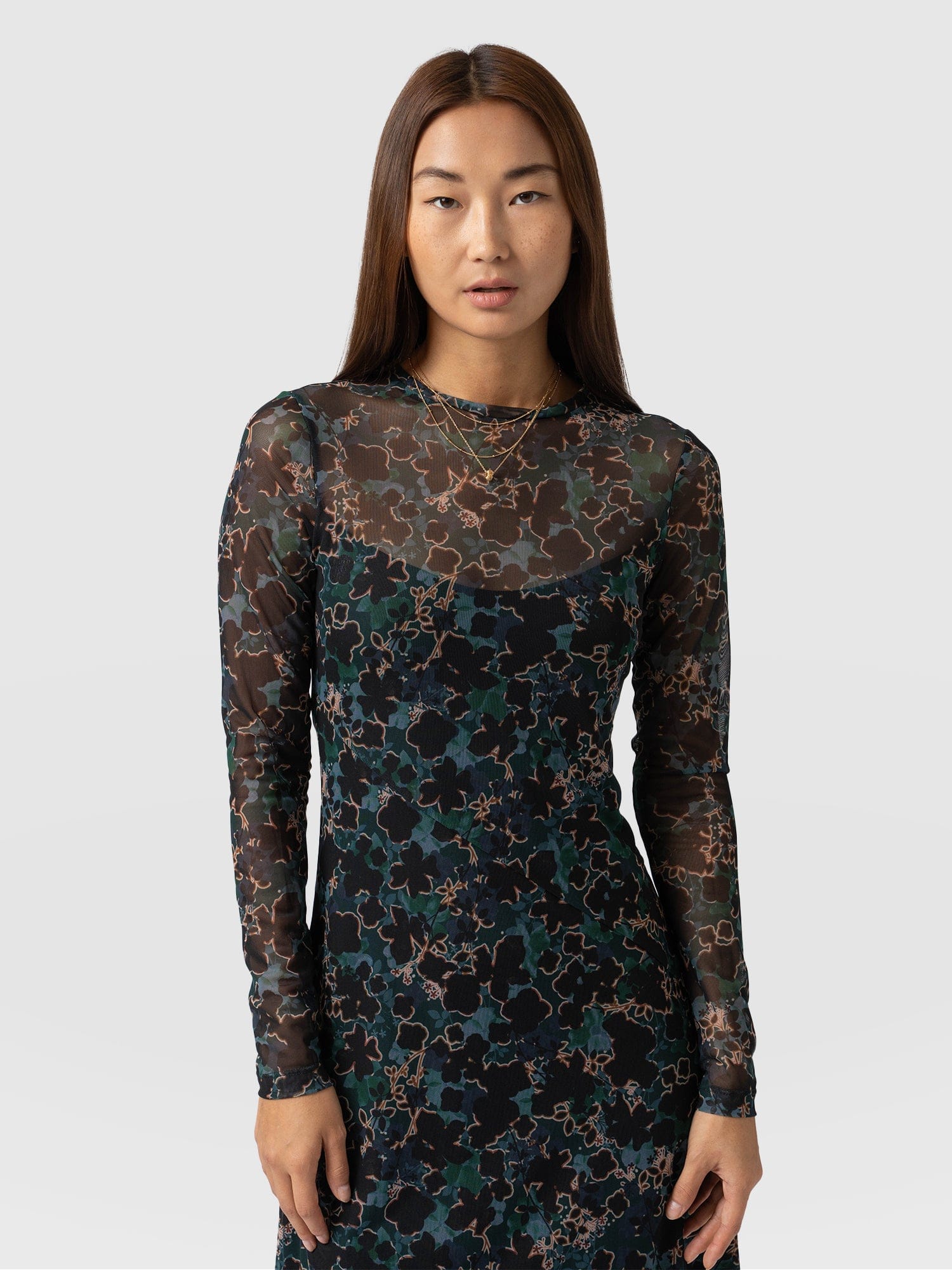 Mesh Runway Dress - Green Twilight Floral