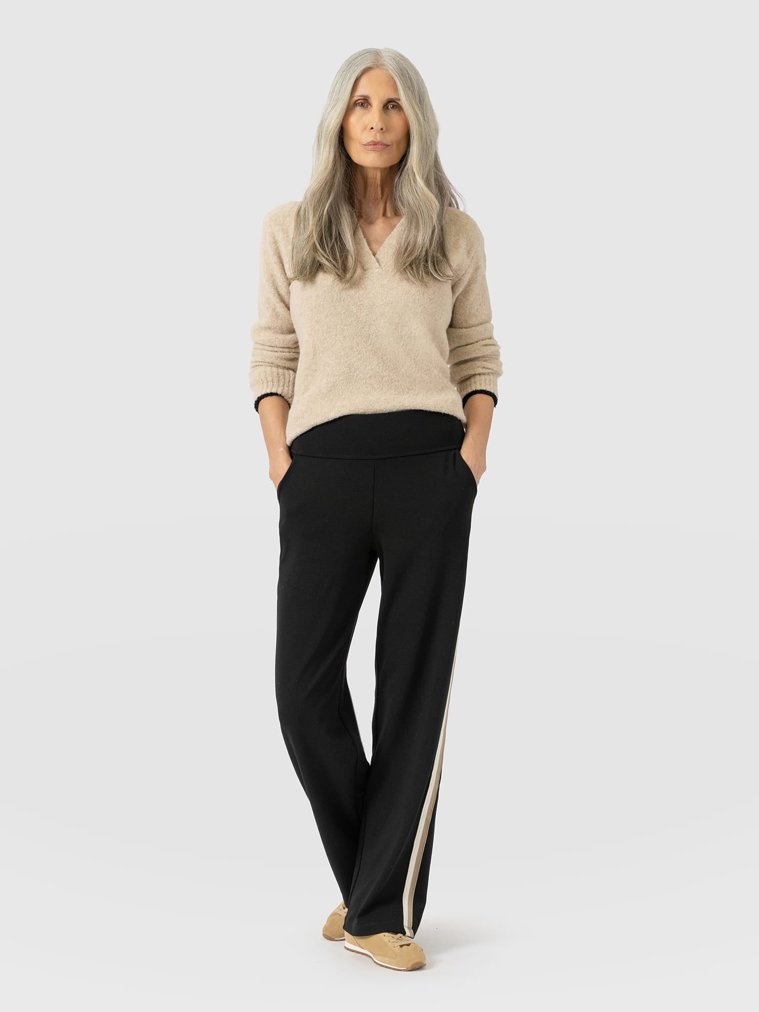 Runway Pant - Black - Cream/Beige Stripe