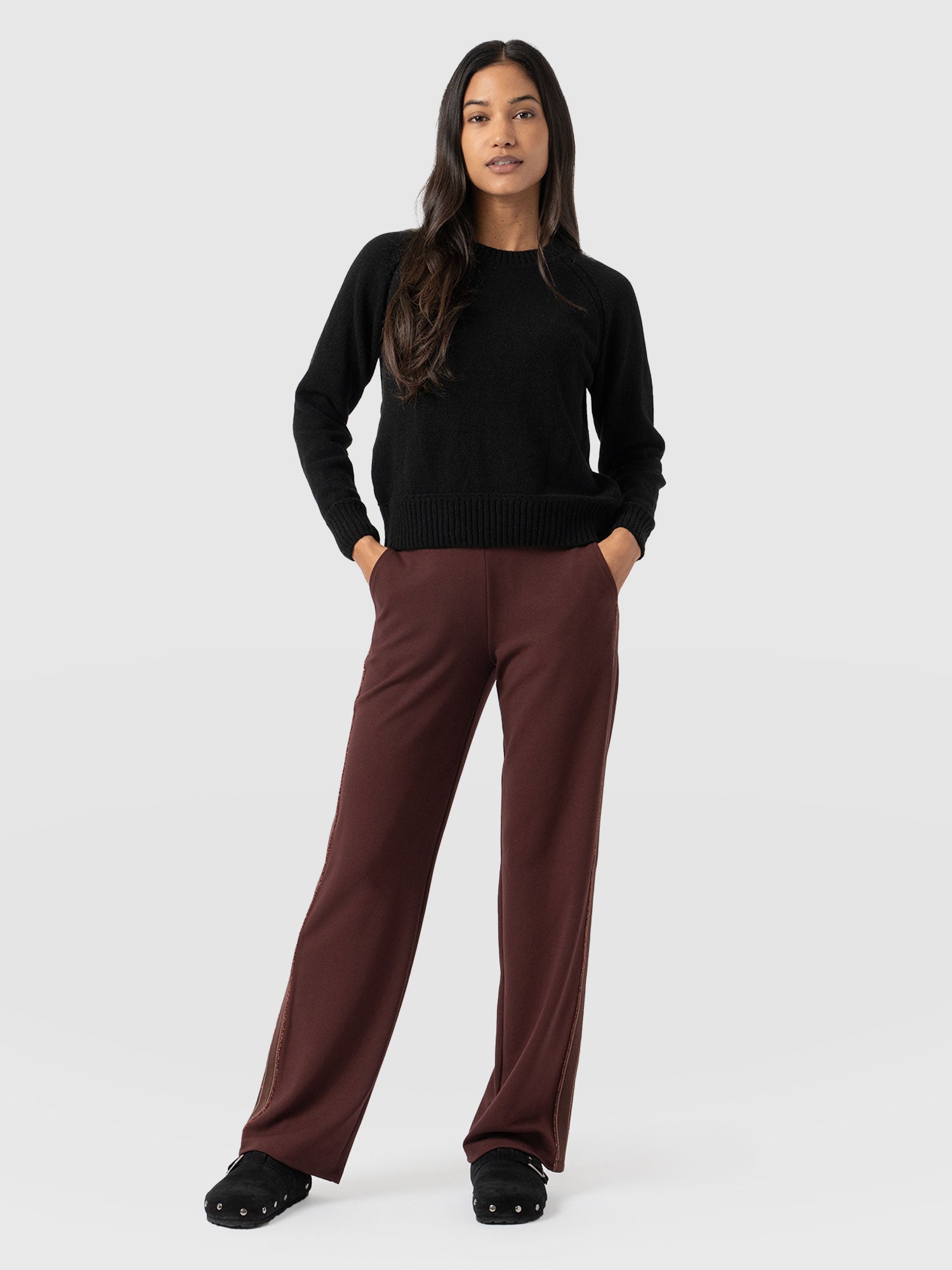 Runway Pant Bottle Maroon with Bronze Stripe - Women's Trousers | Saint + Sofia® UK