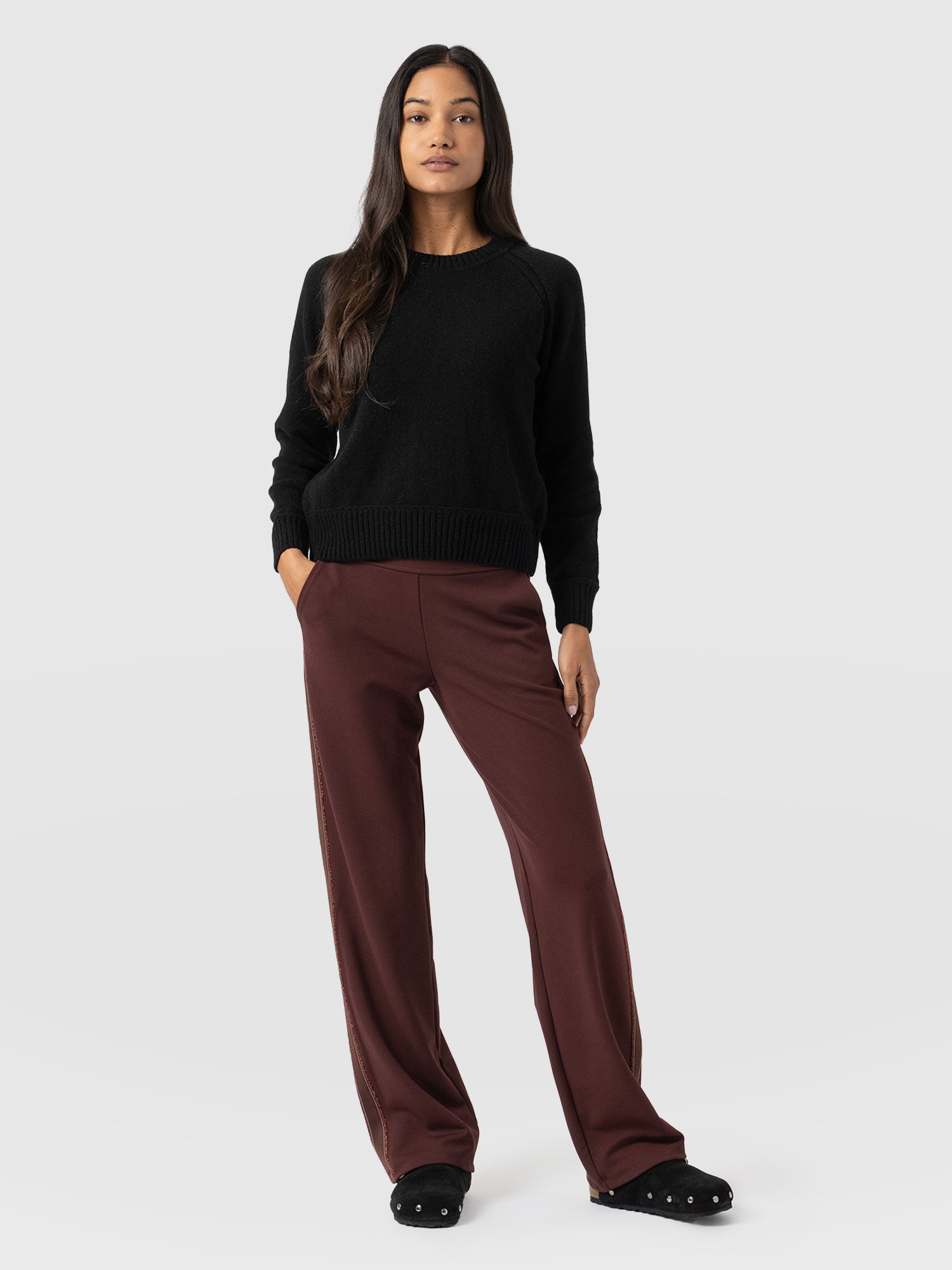 Runway Pant Bottle Maroon with Bronze Stripe - Women's Trousers | Saint + Sofia® UK