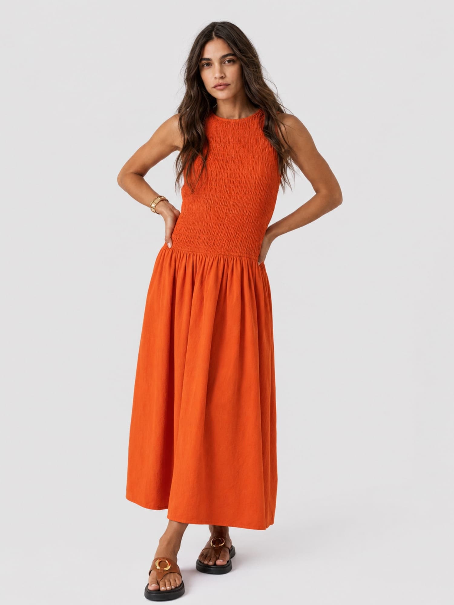 Sadie Shirring Dress - Burnt Orange