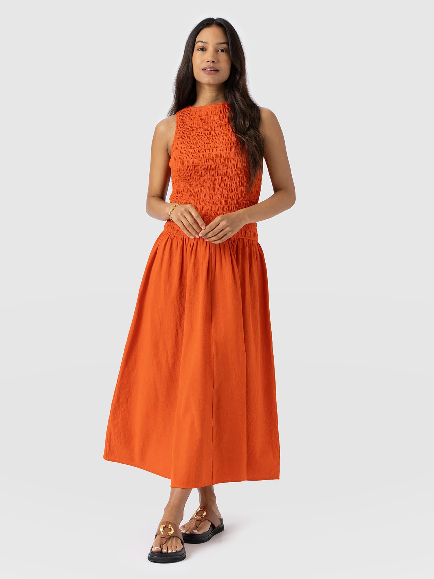 Sadie Shirring Dress - Burnt Orange - Women's Dresses | Saint + Sofia® UK