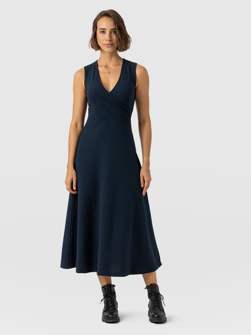 Sleeveless Maggie Wrap Dress - Navy Textured