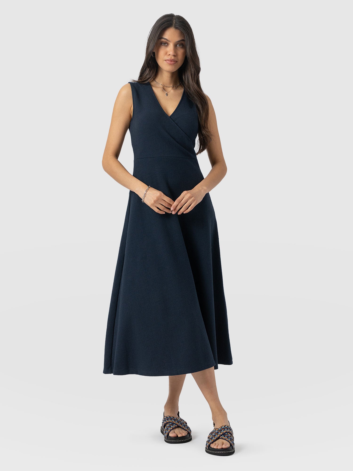 Sleeveless Maggie Wrap Dress - Navy Textured