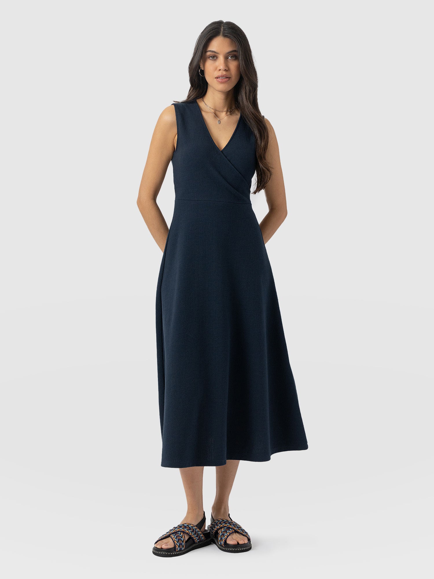 Sleeveless Maggie Wrap Dress - Navy Textured
