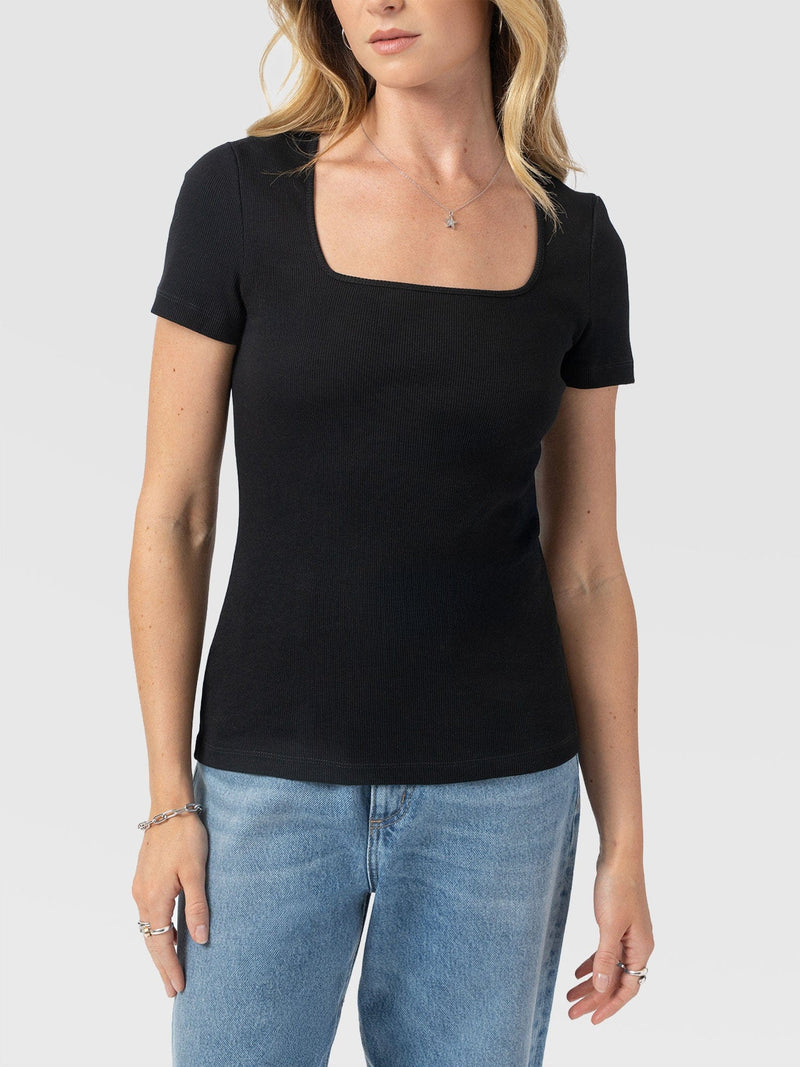 Sloane Ribbed Short Sleeve Tee - Black - Women's T-shirts | Saint + Sofia® UK