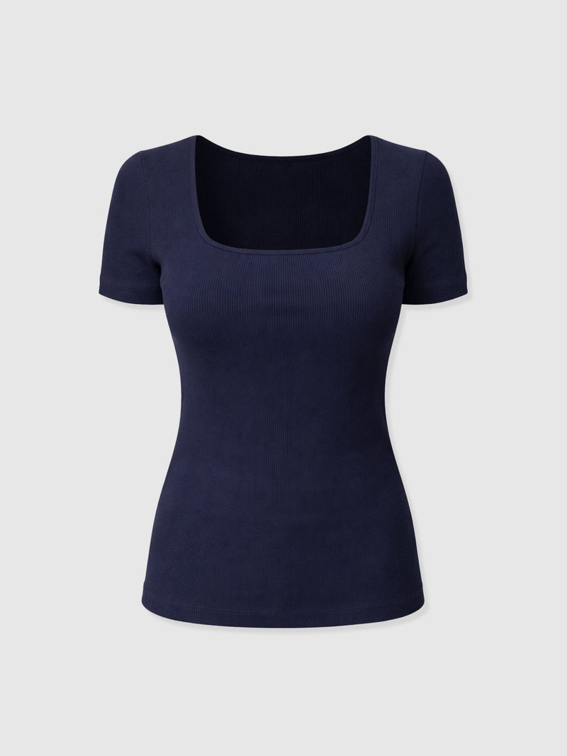 Sloane Ribbed Short Sleeve Tee - Navy