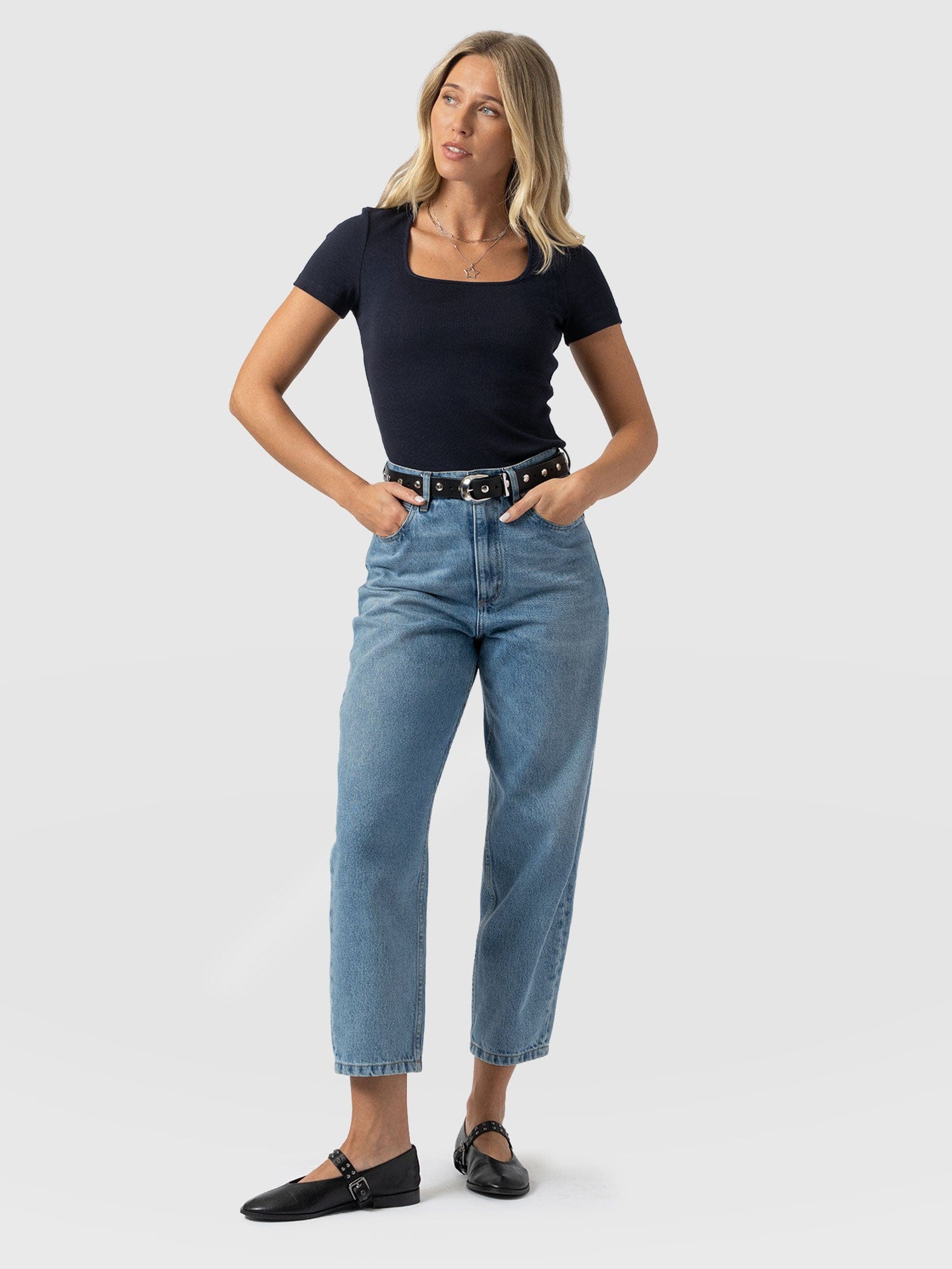 Sloane Ribbed Short Sleeve Tee - Navy