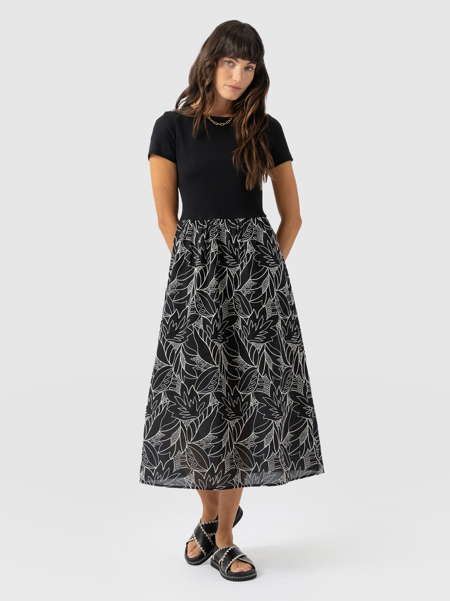 Sophia Contrast Dress - Black Embroidered - Women's Dresses | Saint + Sofia® UK