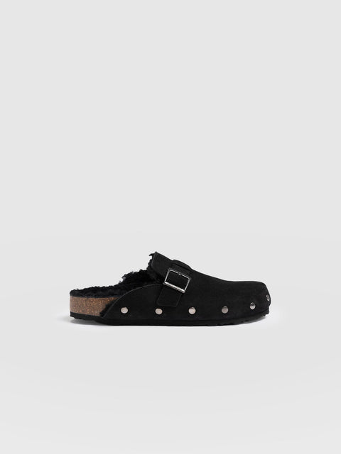 Studded Clogs Black Shearling - Women's Shoes | Saint + Sofia® UK