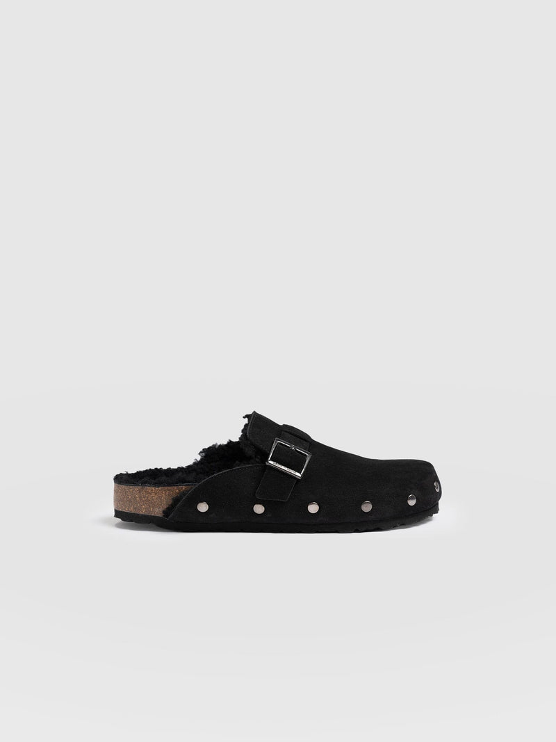 Studded Clogs - Black Shearling