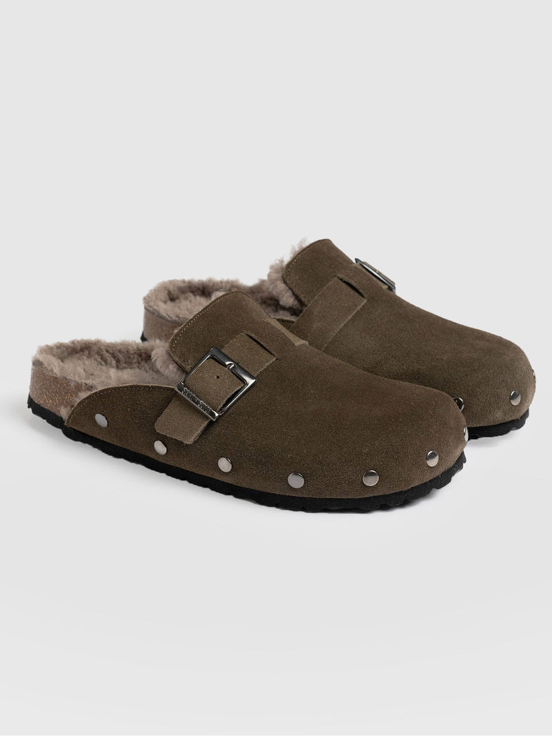 Studded Clogs - Khaki Shearling