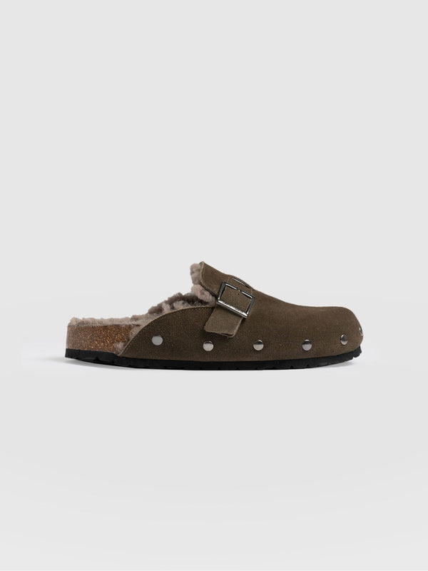 Studded Clogs - Khaki Shearling