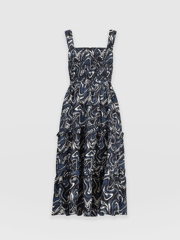 Suzi Shirring Dress - Black & Navy Swirl