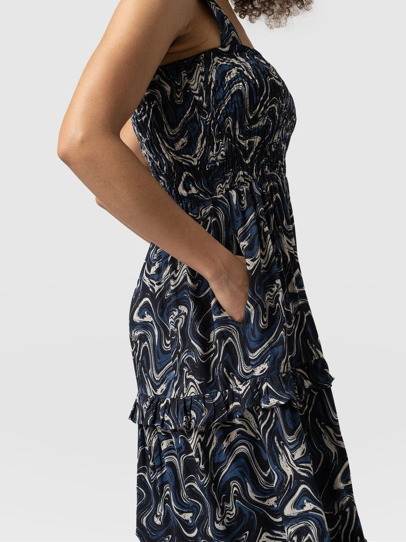 Suzi Shirring Dress - Black & Navy Swirl