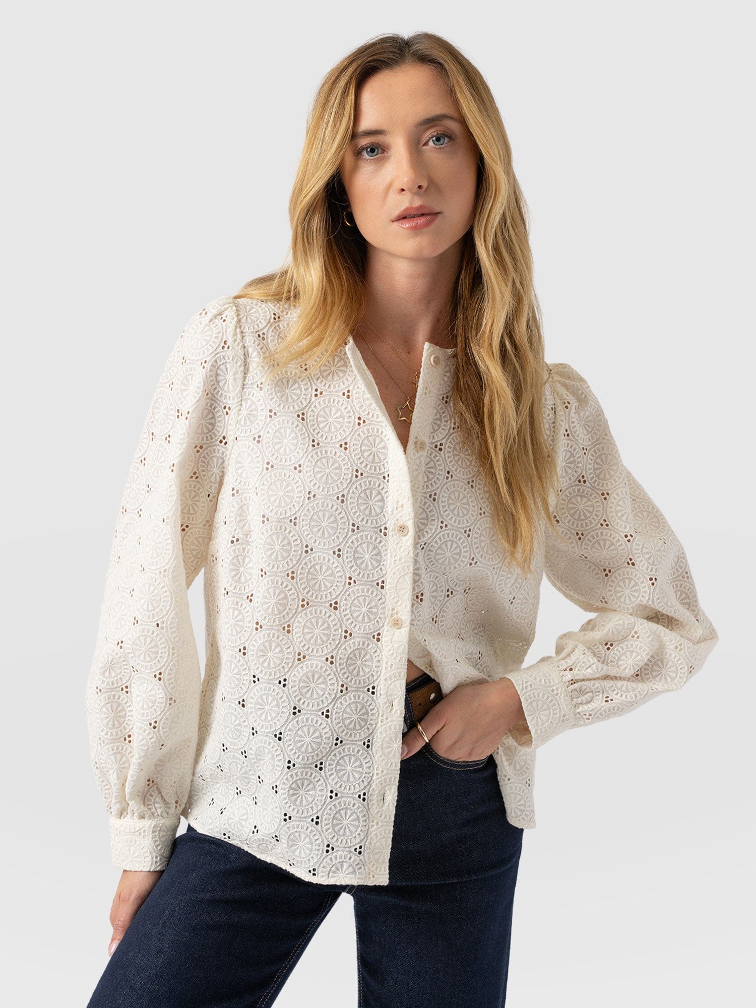 Tabitha Blouse Cream Broderie - Women's Blouses | Saint + Sofia® UK