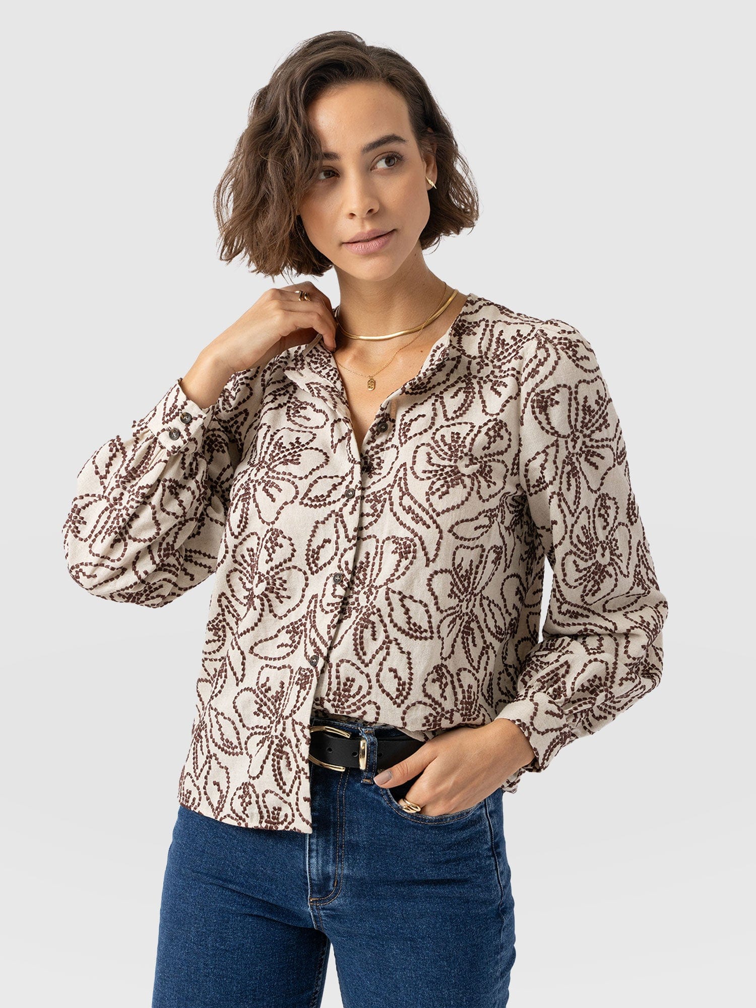 Tabitha Blouse - Cream/Brown