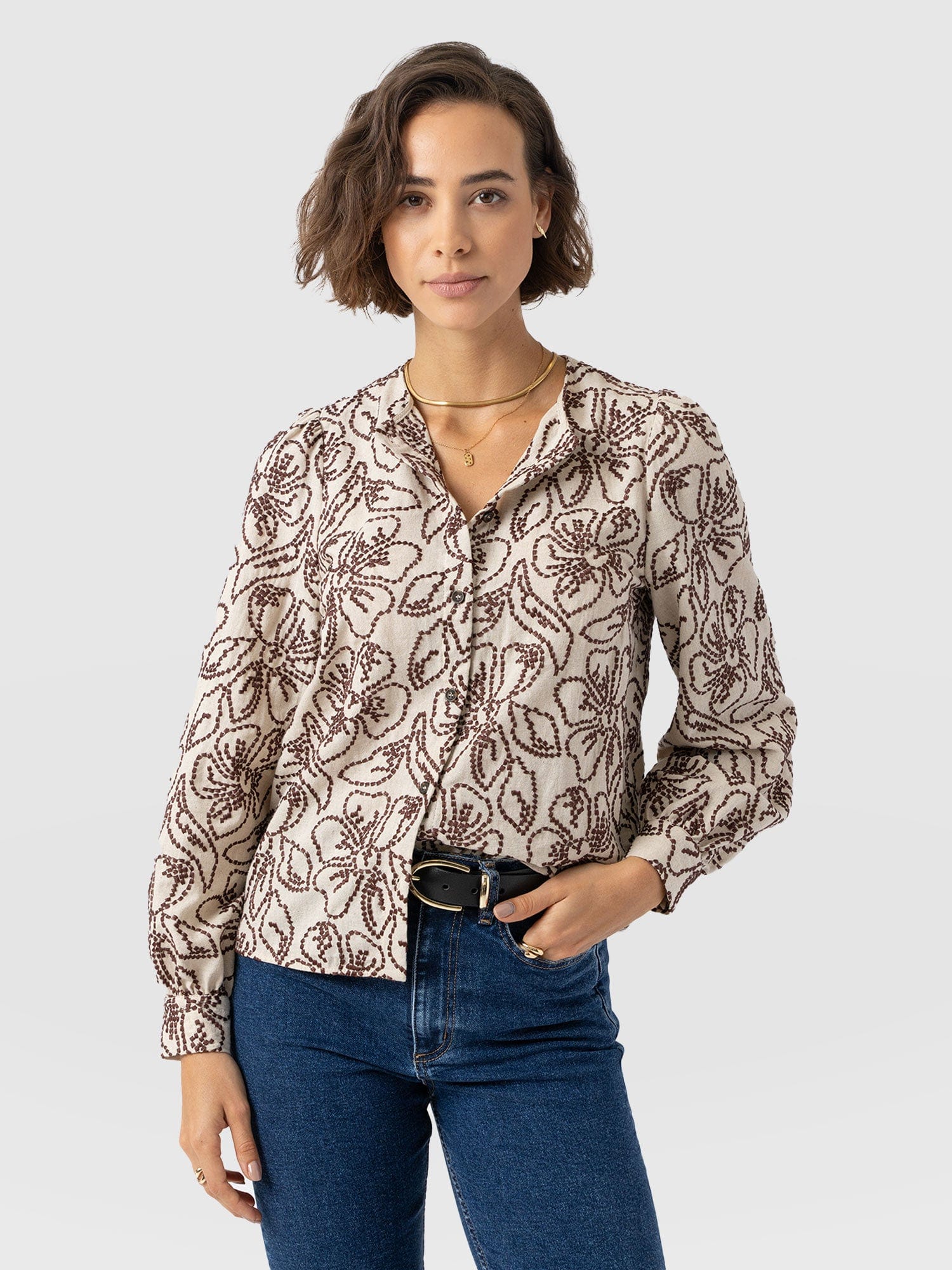 Tabitha Blouse - Cream/Brown