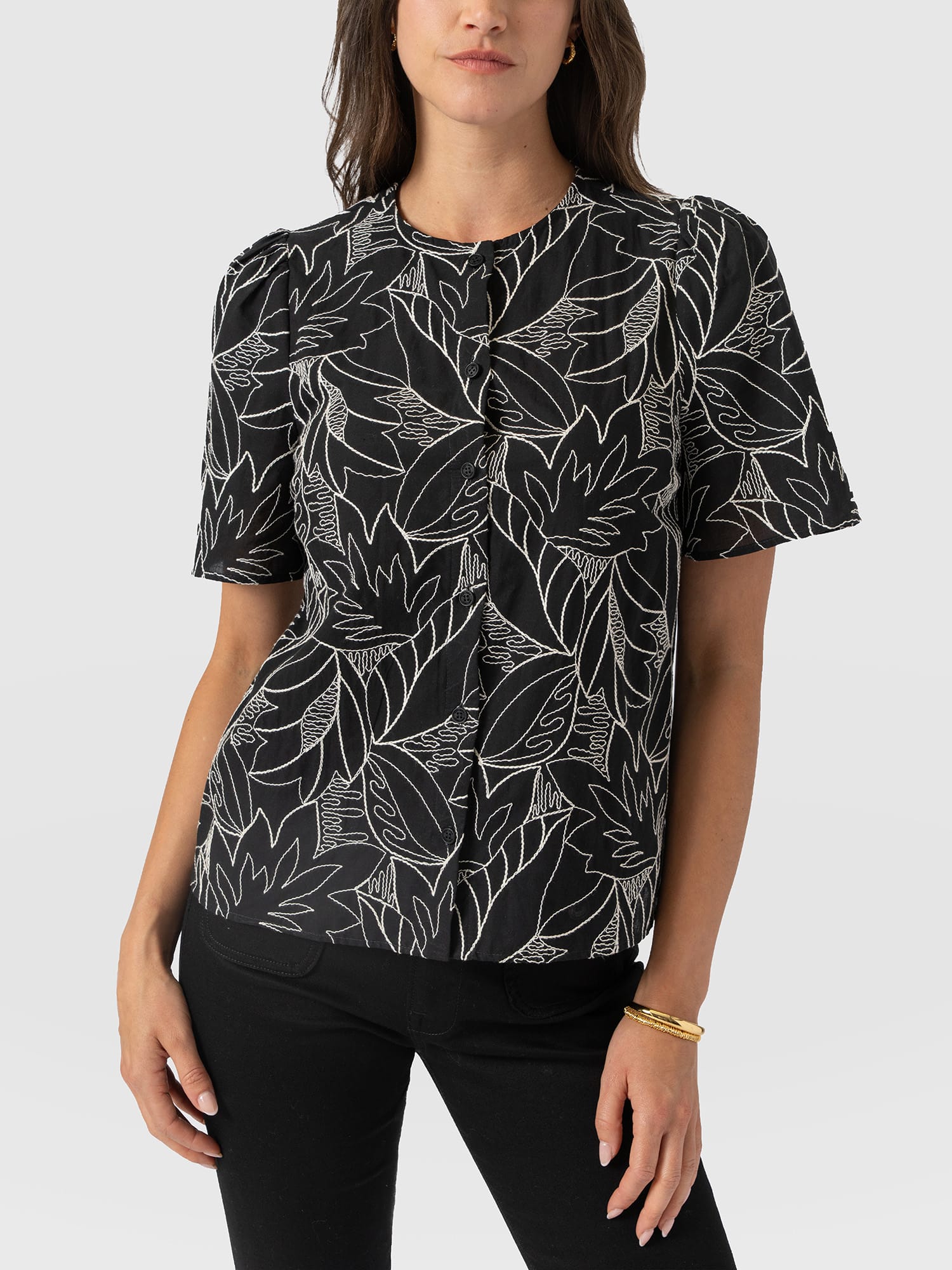 Tabitha Short Sleeve Blouse - Black Embroidered - Women's Blouses | Saint and Sofia® UK