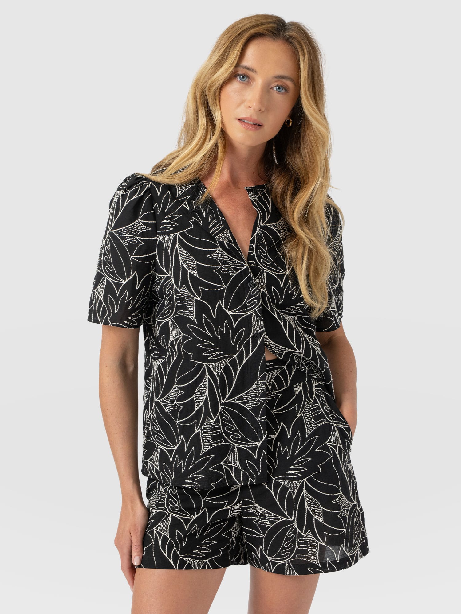 Tabitha Short Sleeve Blouse - Black Embroidered - Women's Blouses | Saint + Sofia® UK