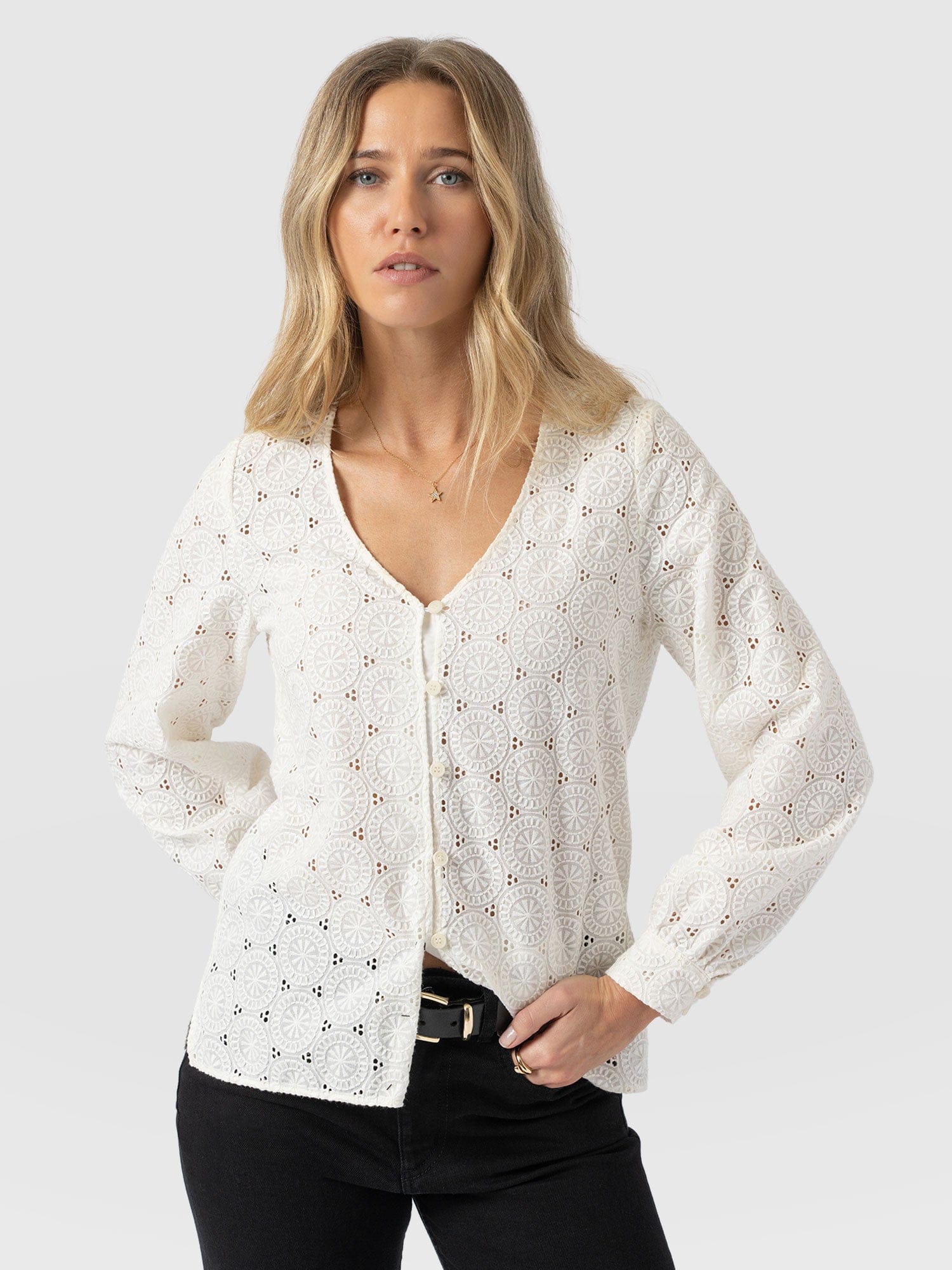 Tabitha V Neck Blouse - Cream Broderie - Women's Blouses | Saint and Sofia® UK