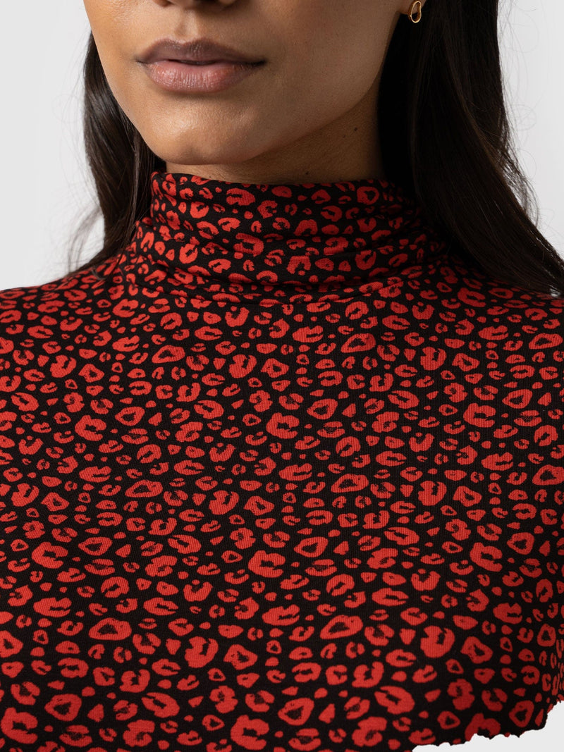 Tempest Roll Neck Top - Red Leopard