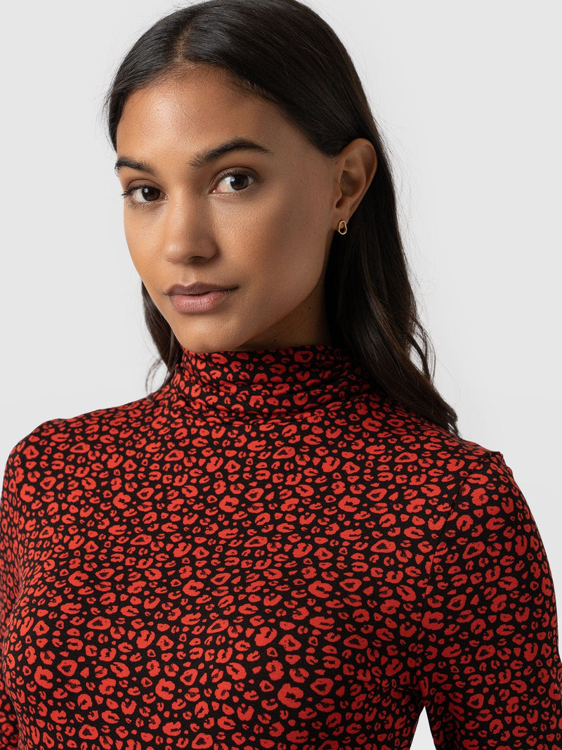 Tempest Roll Neck Top - Red Leopard