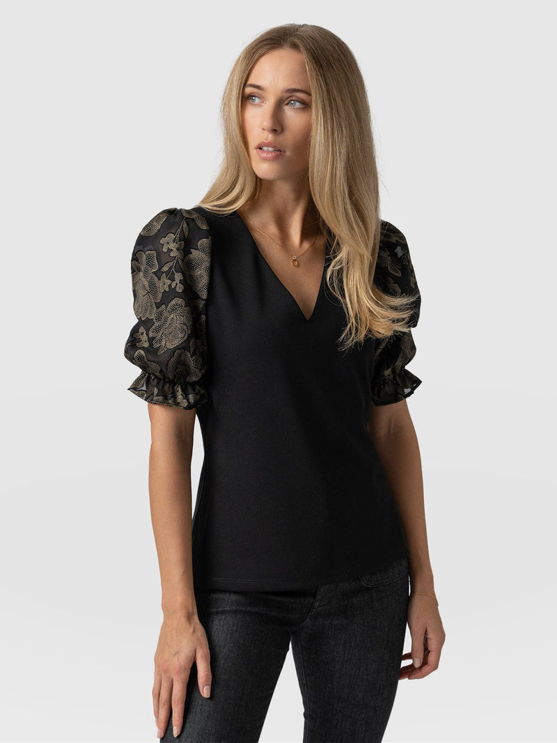 Tori Puff Sleeve Top - Black & Gold Floral Burnout