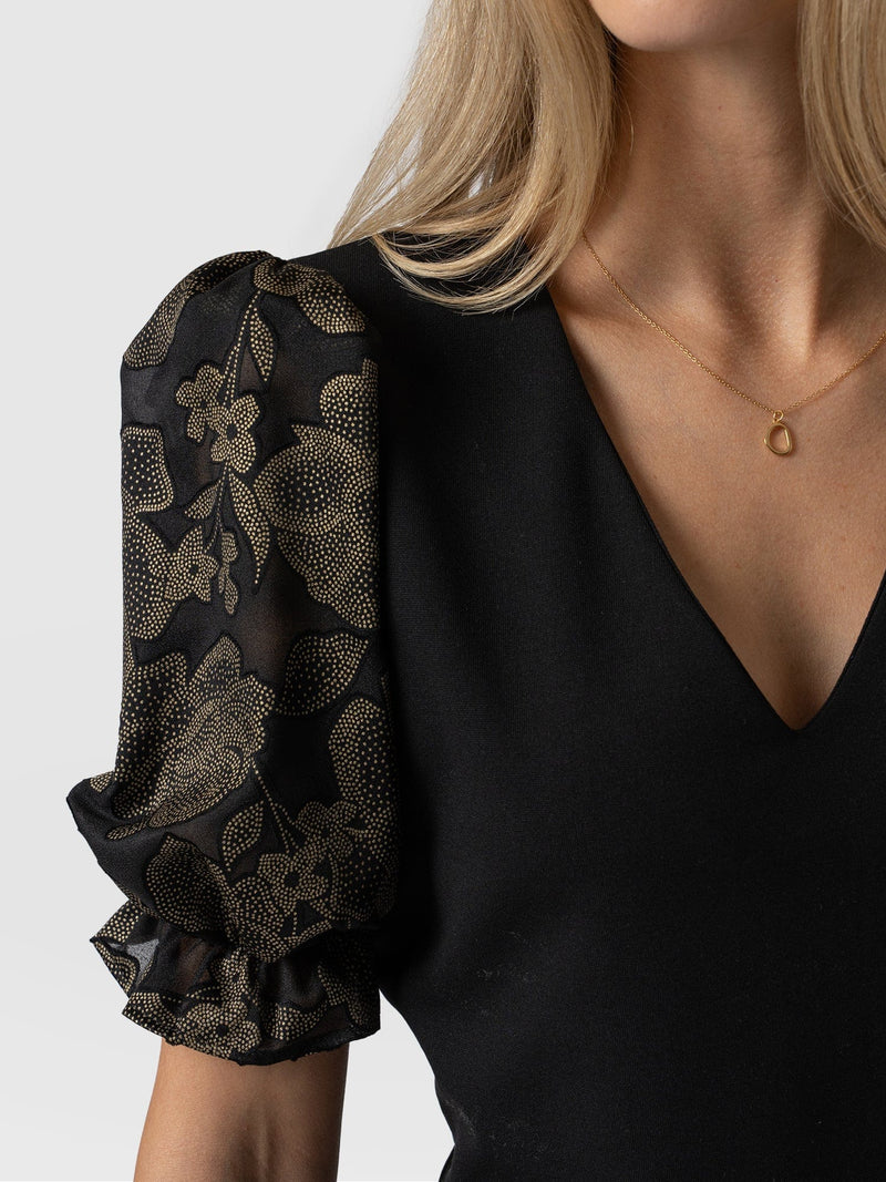 Tori Puff Sleeve Top - Black & Gold Floral Burnout