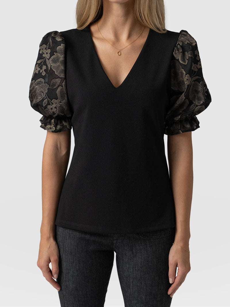 Tori Puff Sleeve Top - Black & Gold Floral Burnout