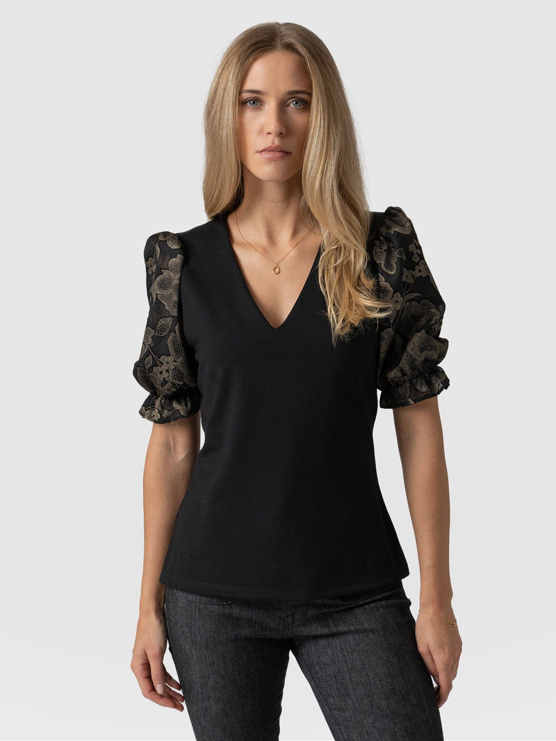 Tori Puff Sleeve Top - Black & Gold Floral Burnout