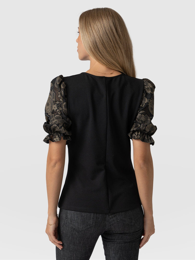 Tori Puff Sleeve Top - Black & Gold Floral Burnout