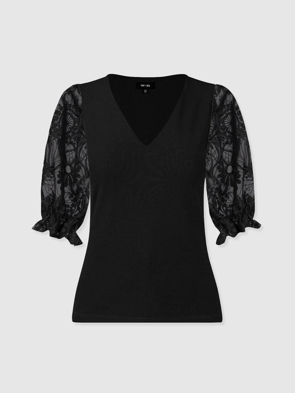 Tori Puff Sleeve Top - Black Lace