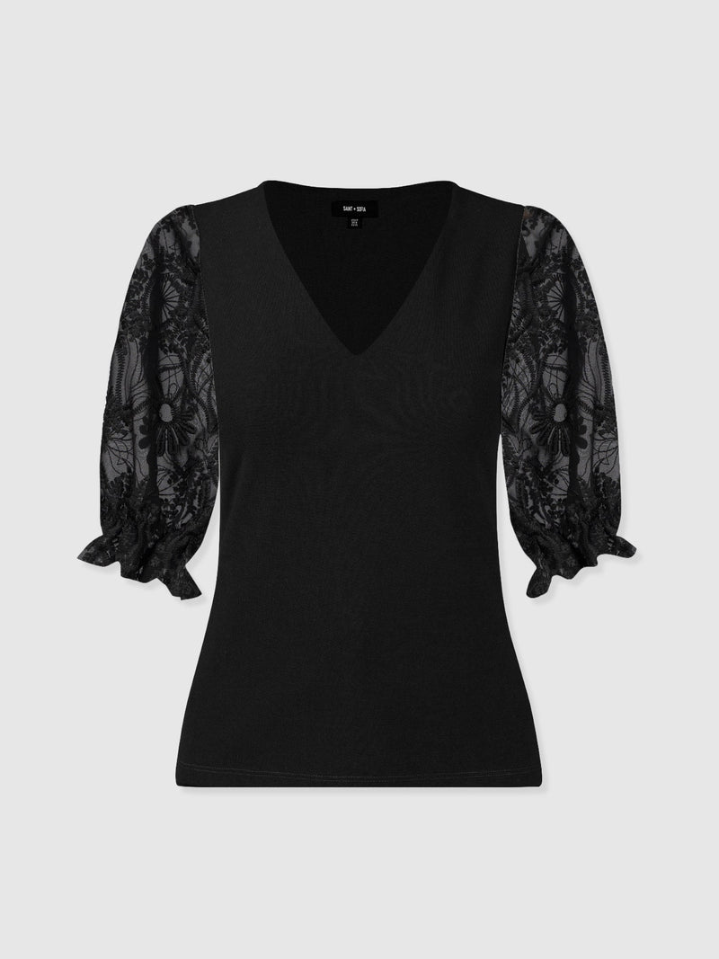 Tori Puff Sleeve Top - Black Lace