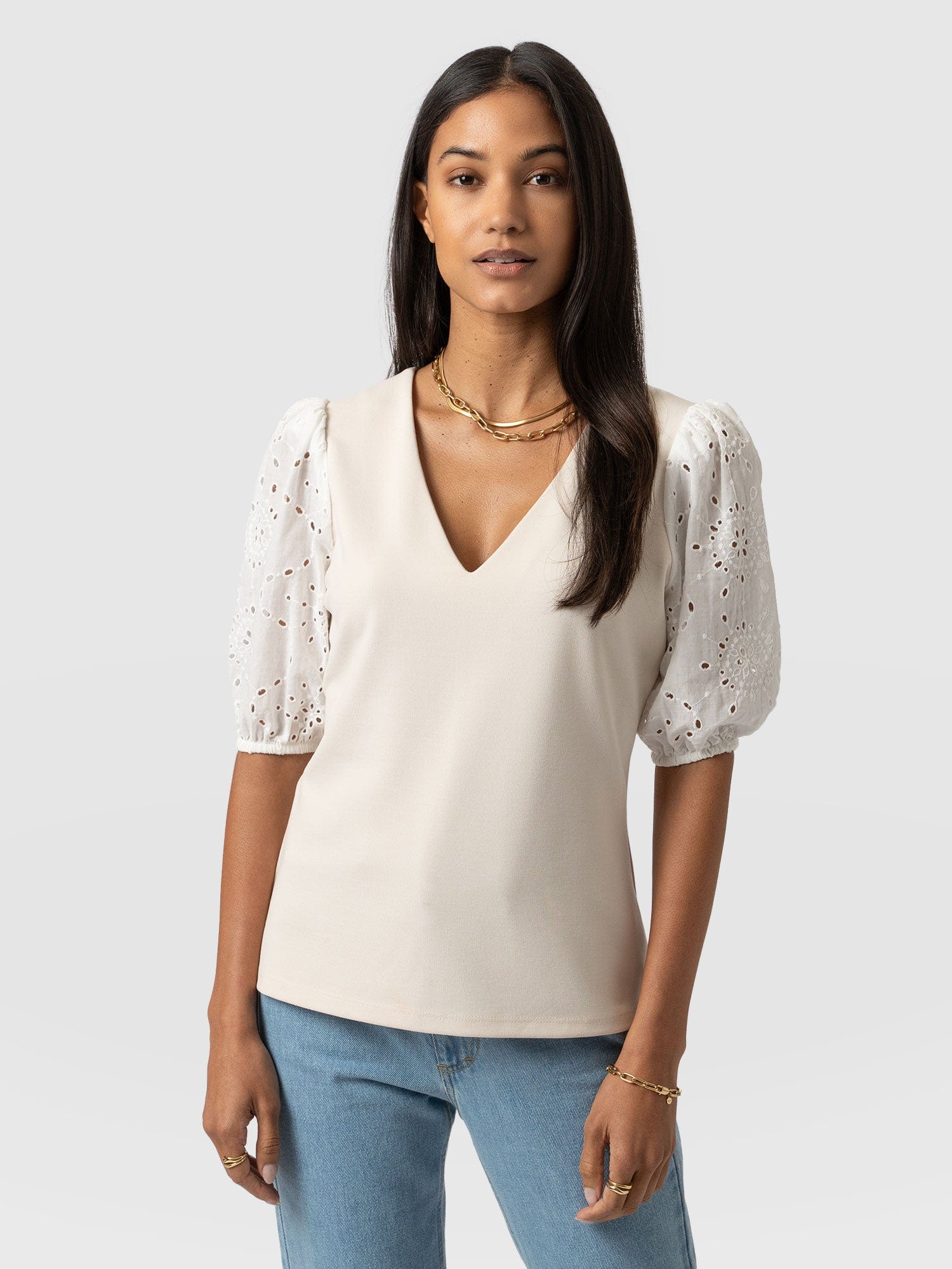 Tori Puff Sleeve Top Cream Broderie