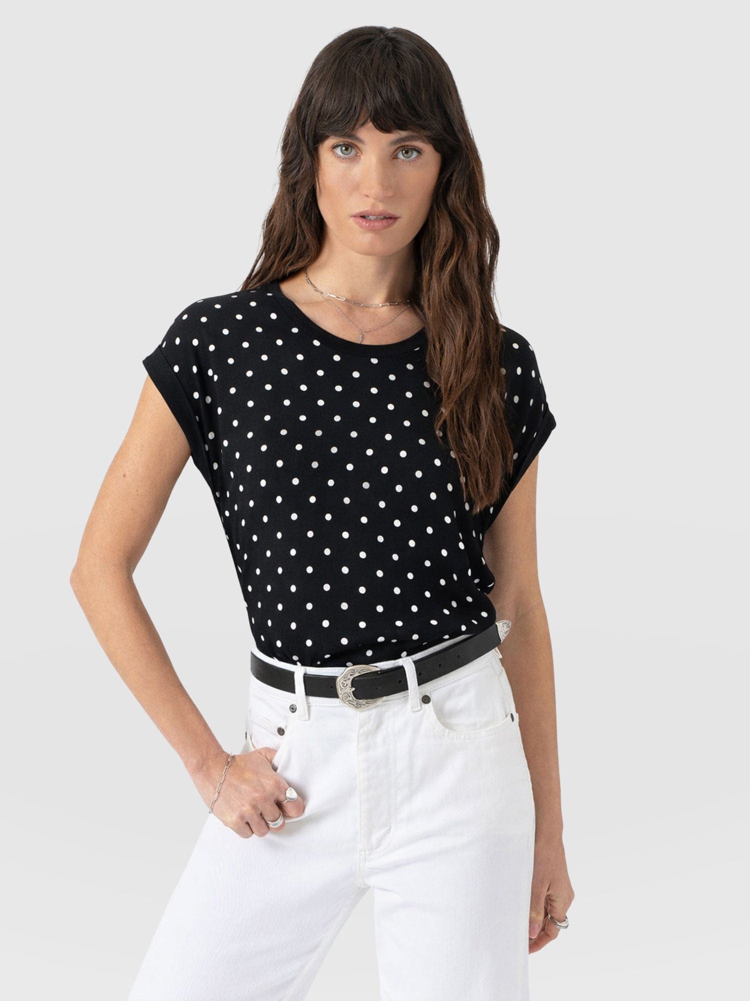 Turn Up Contrast Tee - Black Polka Dot
