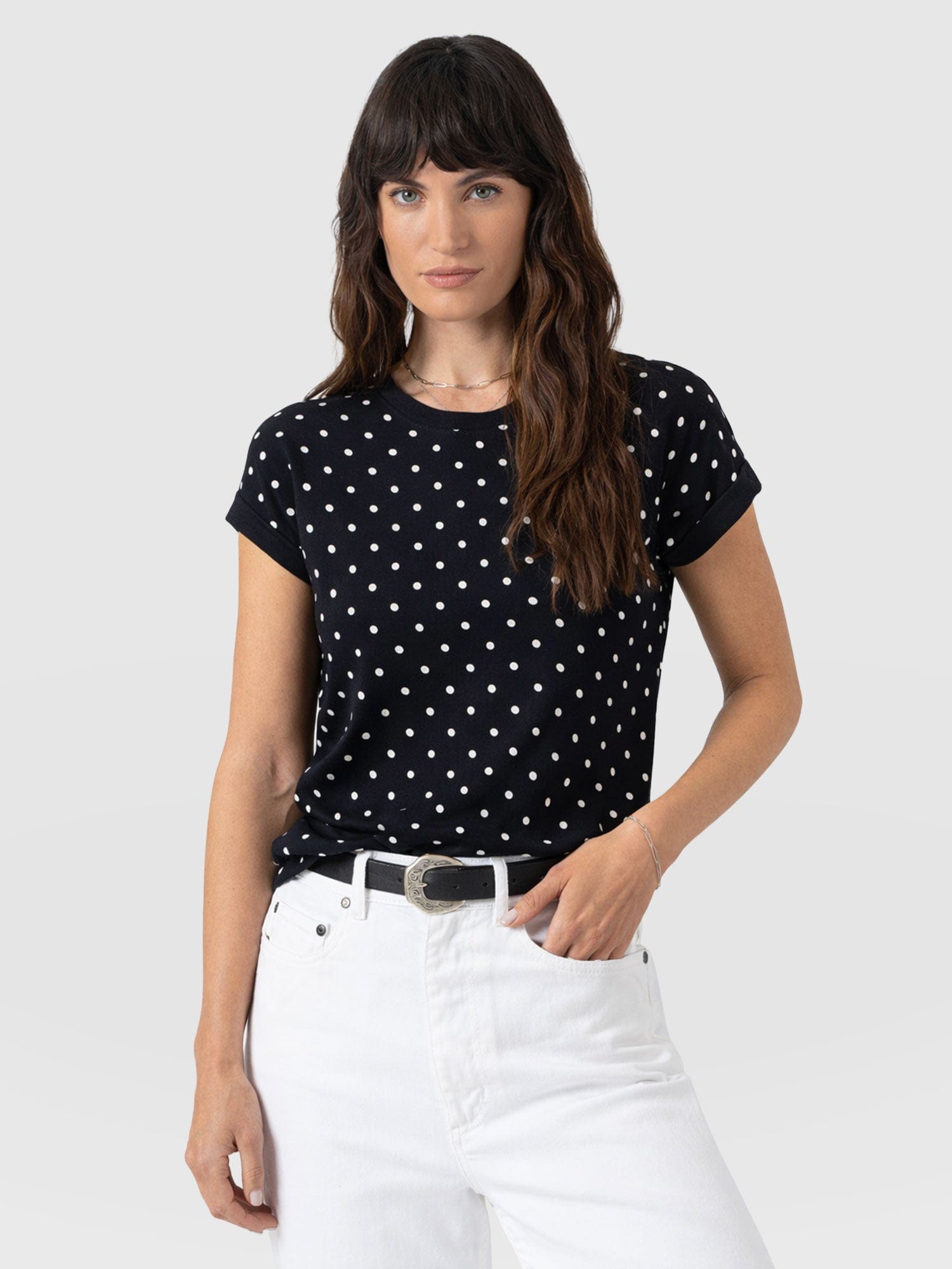 Turn Up Contrast Tee - Black Polka Dot - Women's T-shirts | Saint + Sofia® UK