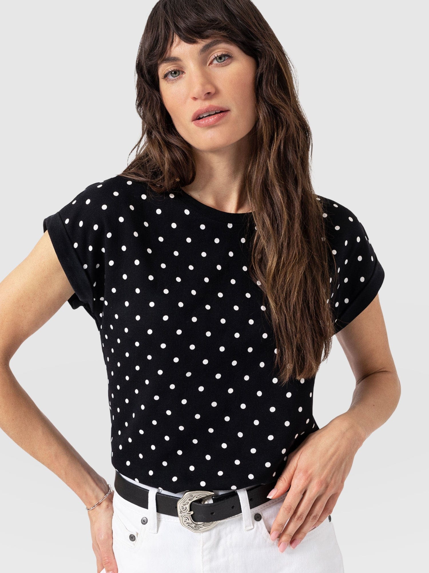 Turn Up Contrast Tee - Black Polka Dot - Women's T-shirts | Saint + Sofia® UK