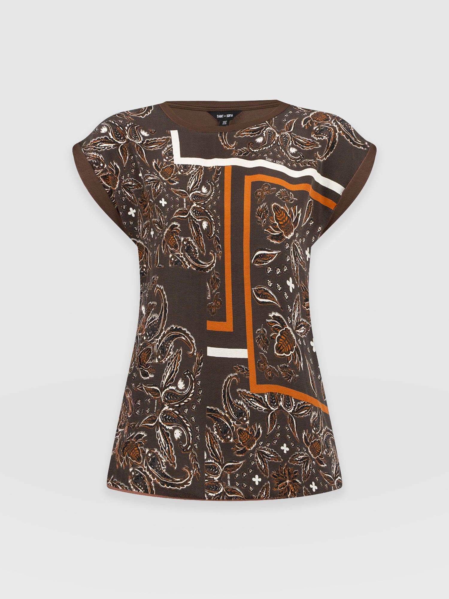 Turn Up Contrast Tee - Brown Paisley - Women's T-shirts | Saint and Sofia® UK