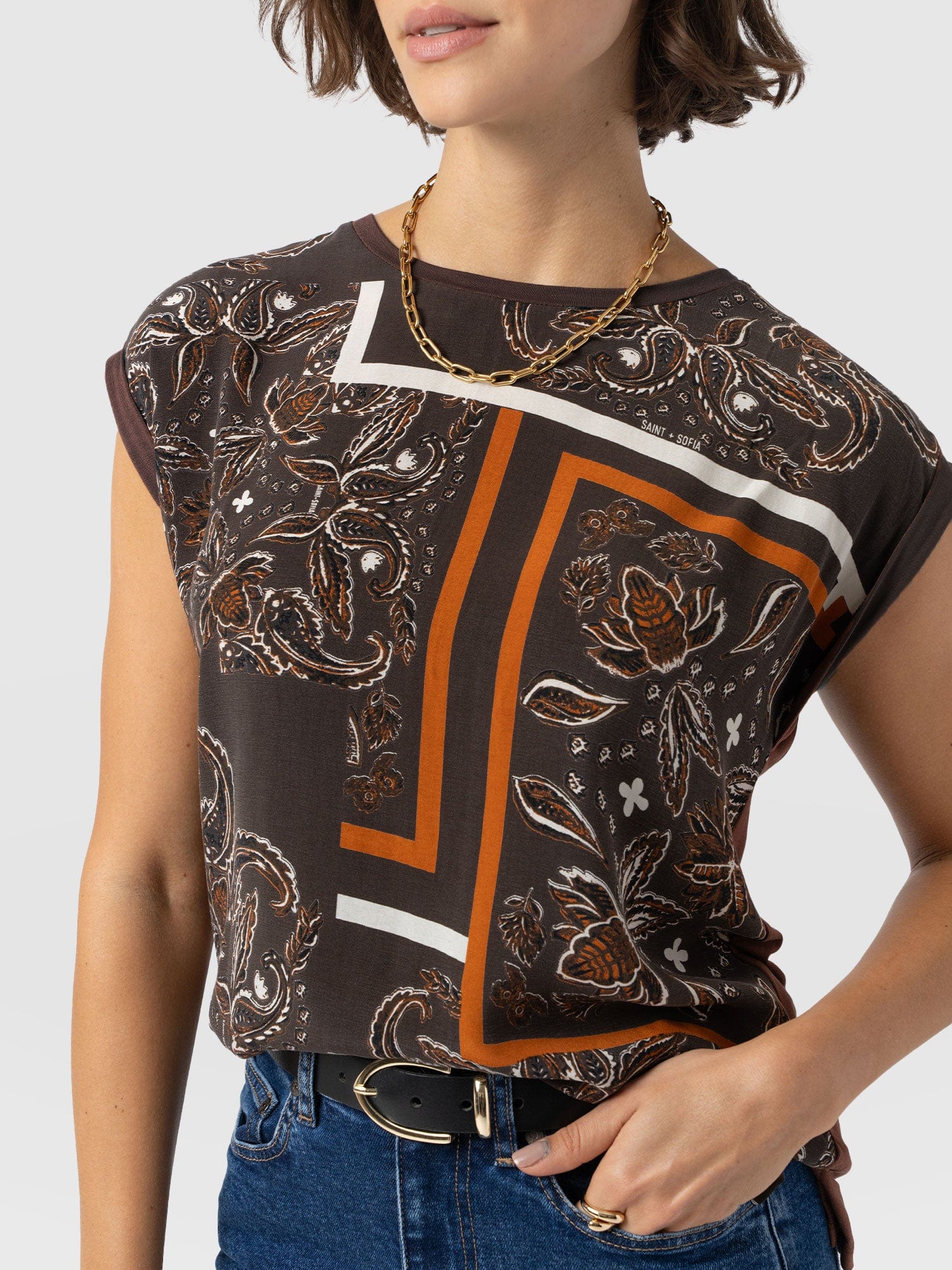 Turn Up Contrast Tee - Brown Paisley - Women's T-shirts | Saint + Sofia? UK