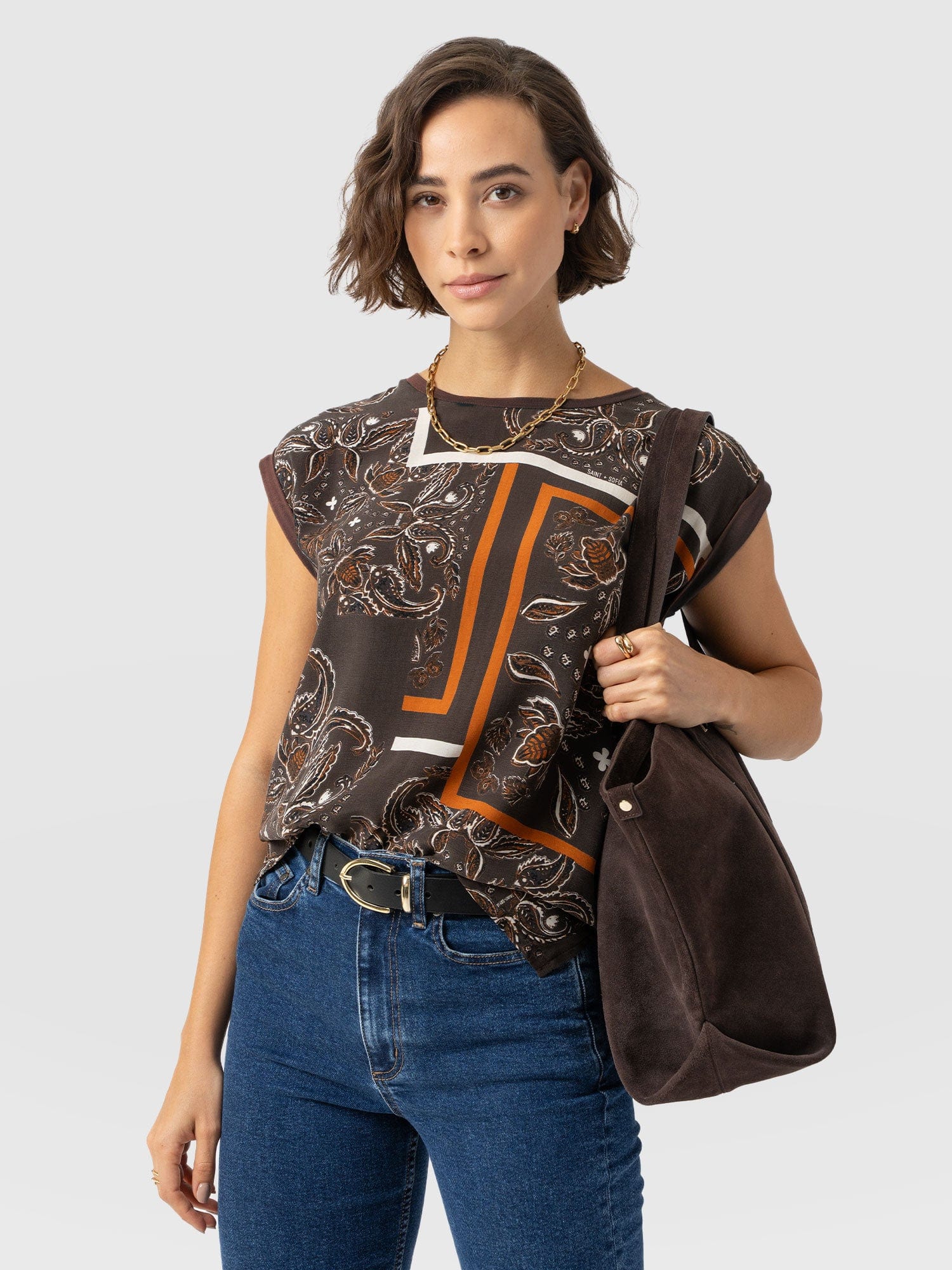 Turn Up Contrast Tee - Brown Paisley - Women's T-shirts | Saint + Sofia? UK