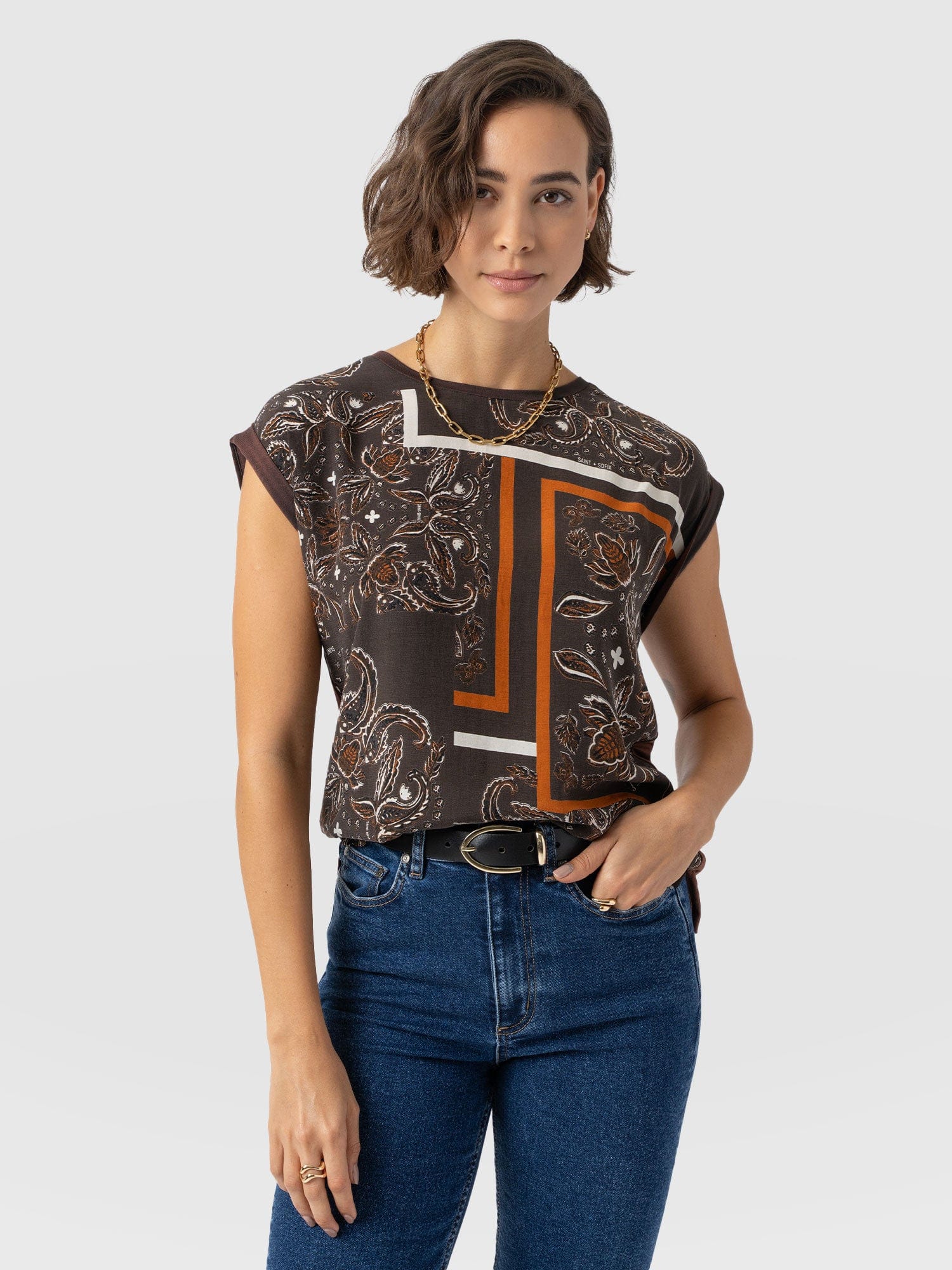 Turn Up Contrast Tee - Brown Paisley - Women's T-shirts | Saint + Sofia? UK