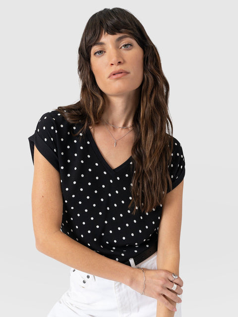 Turn Up Contrast V Neck Tee - Black Polka Dot - Women's T-shirts | Saint + Sofia® UK