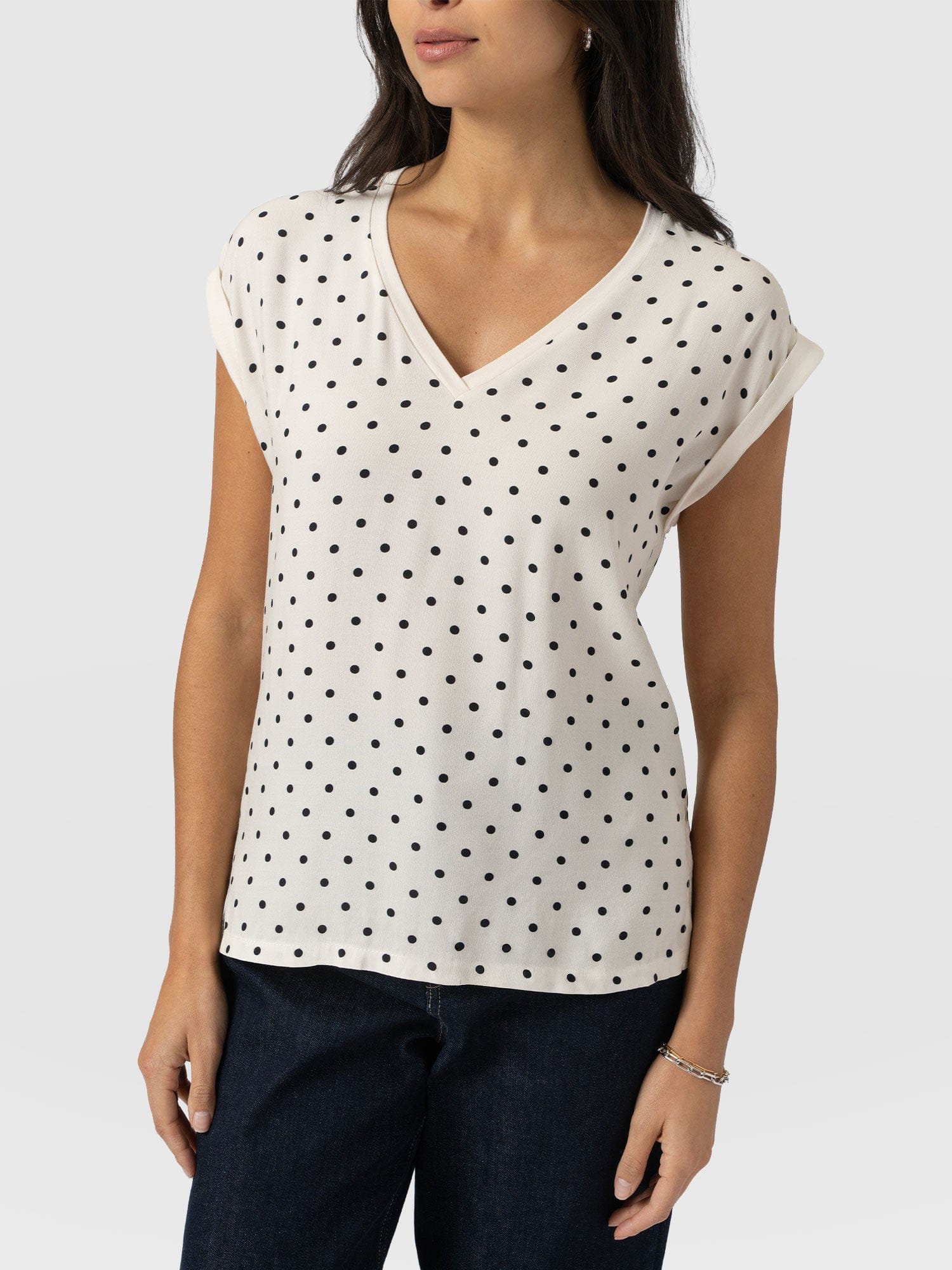 Turn Up Contrast V Neck Tee - Cream Polka Dot - Women's T-shirts | Saint + Sofia® UK